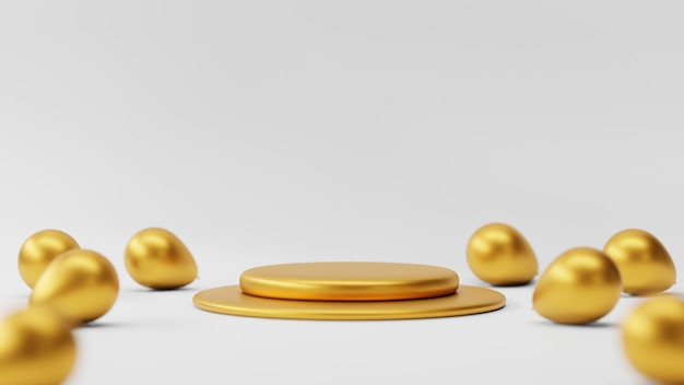 Exibição de pódio vazio dourado em fundo branco exposição de ouro foco suave para vitrine de produtos 3d