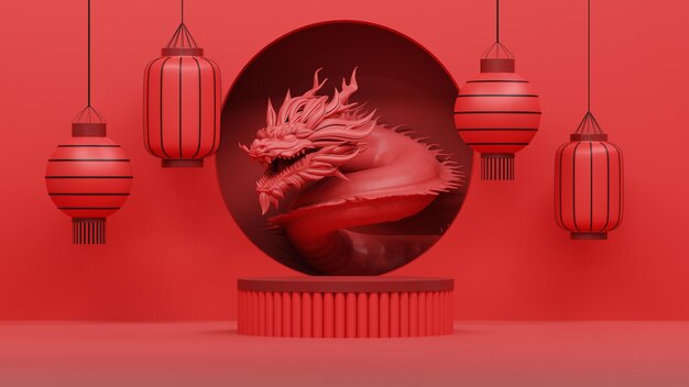 exibição de pódio vermelho vazio com escultura de dragão luxo Ásia estilo ornamento chinês renderização em 3d