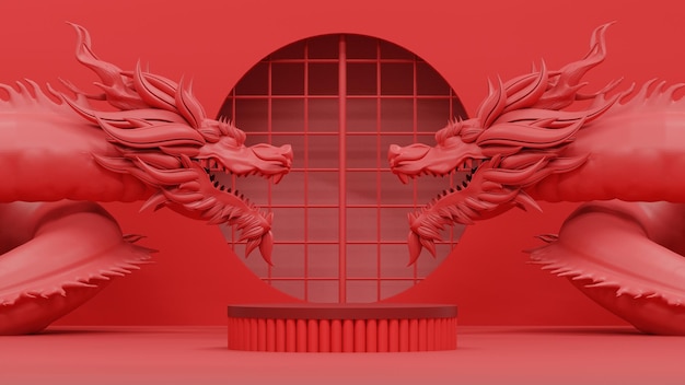 exibição de pódio vermelho vazio com escultura de dragão luxo Ásia estilo ornamento chinês renderização em 3d
