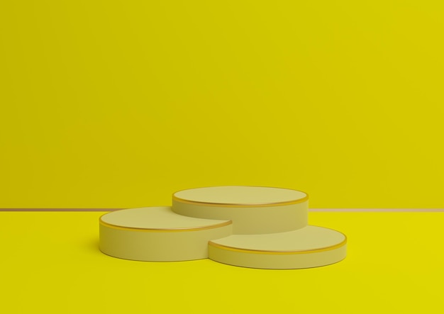 Exibição de produto 3D amarelo neon três pódios linha dourada fundo de produto luxuoso mínimo