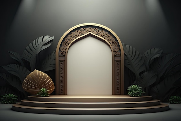 Exibição de produto de palco de pódio islâmico de luxo do Ramadã ouro e branco AI gerado