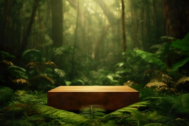 Exibição de produto de pódio de madeira natural com fundo de folhas tropicais generativo ai
