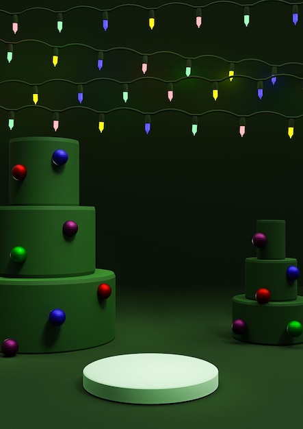exibição de produto mínimo 3D verde luzes coloridas de ano novo pódio ou suporte de fotografia de árvore de Natal
