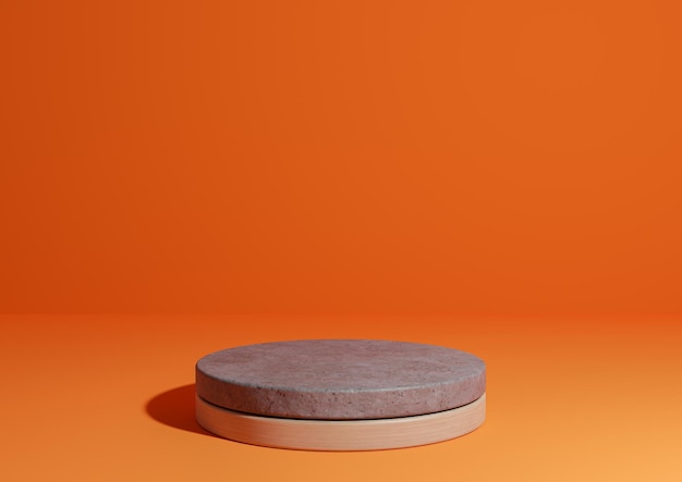Exibição de produto simples 3D laranja neon, suporte de pódio de cilindro de madeira de concreto de fundo mínimo natural