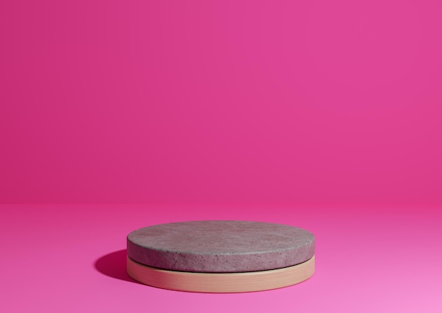 Exibição de produto simples 3D rosa neon, suporte de pódio de cilindro de madeira de concreto de fundo mínimo natural