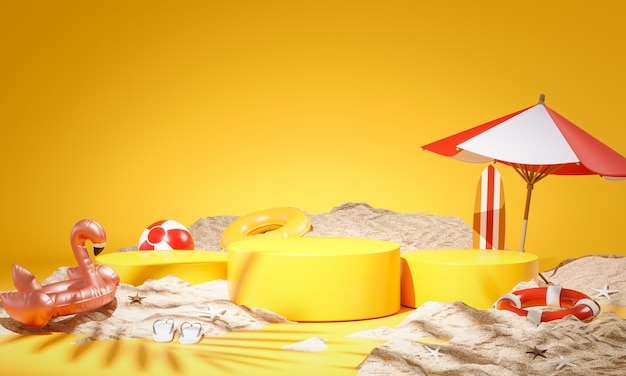 Foto exibição de produto três amarelo pódio conceito de verão areia renderização em 3d
