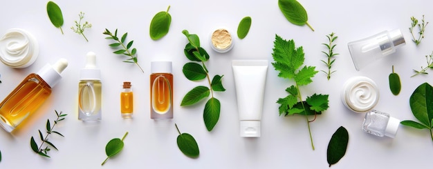 Exibição de produtos botânicos de cuidados com a pele com ingredientes naturais