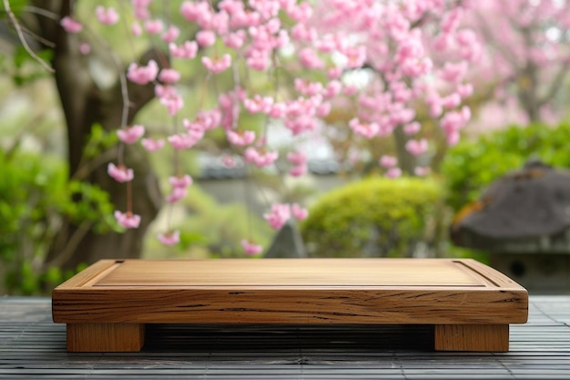 Exibição de produtos de madeira com sakura japonesa em fundo