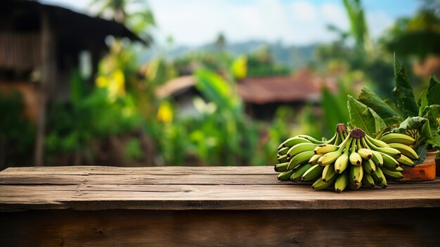 Exibição de produtos, tábuas de madeira rústicas, espaço para cópia de mesa com banana em fundo ai generativo