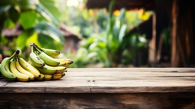 Exibição de produtos, tábuas de madeira rústicas, espaço para cópia de mesa com banana em fundo ai generativo