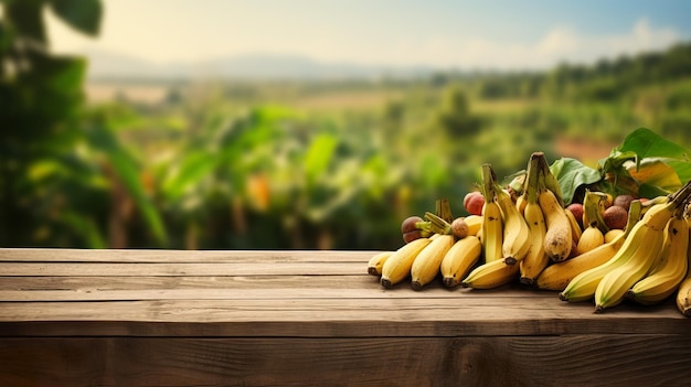 Foto exibição de produtos, tábuas de madeira rústicas, espaço para cópia de mesa com banana em fundo ai generativo