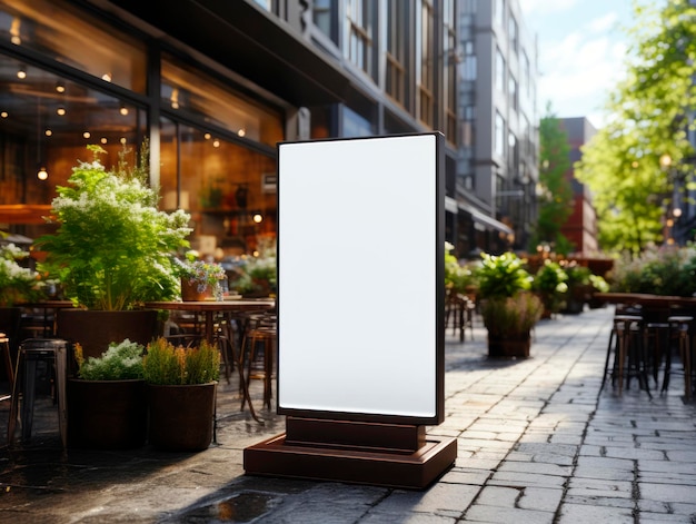 Exibição de publicidade branca em branco sobre a entrada do restaurante na rua da cidade ensolarada mockup de fundo AI gerativa