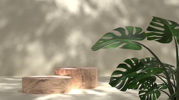 Exibição de suporte de madeira vazio 3d com pódio de planta tropical e sombra de folha natural no fundo da parede