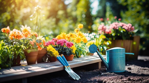 Exibição de suprimentos de jardinagem, vasos de flores, solo e plantas contra um jardim ensolarado