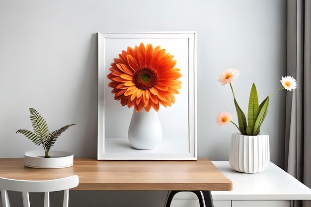 Exibição de tela em moldura branca mínima com flor em vaso