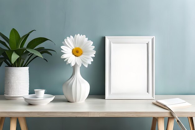 Exibição de tela em moldura branca mínima com flor em vaso