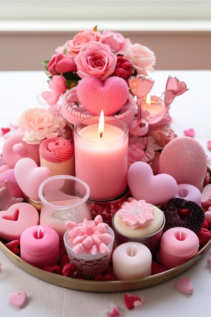 Exibição de velas e flores do dia dos namorados