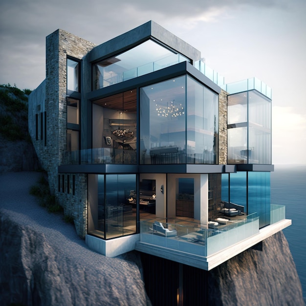 Exibição de vitrine de casa de luxo moderna e tranquila e ensolarada com piscina de borda infinita e vista para o mar generativa