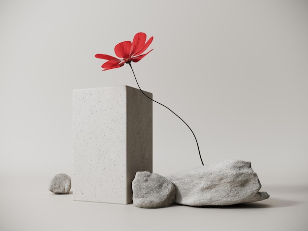 Exibição de vitrine minimalista em 3D de suporte de concreto de pódio premium com flores de papoula