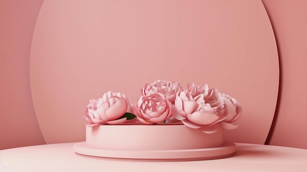 Exibição do pódio fundo rosa pastel com flores rosas Nature minimal pedestal Generative ai