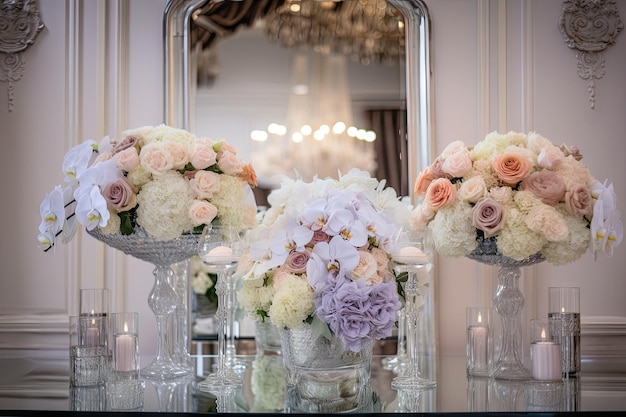 Exibição elegante de luxuosas flores pastel e vaso de cristal criado com IA generativa