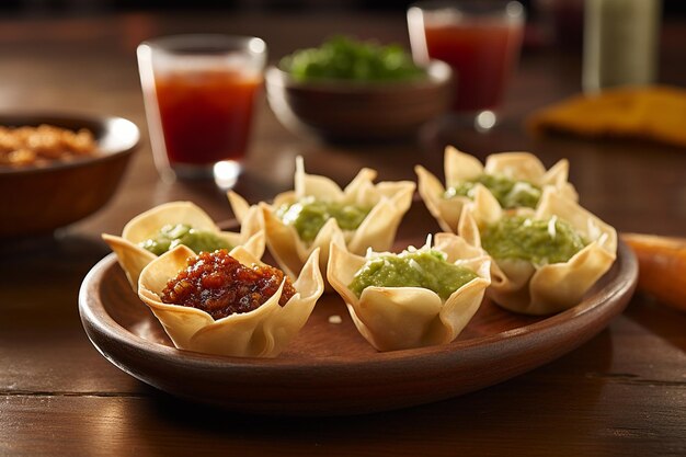 Foto exibição elegante de mini copos de taco cheios de salsa e guacamole