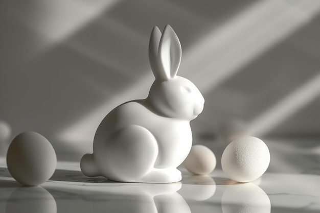 Foto exibição elegante de páscoa com coelho de porcelana e ovos