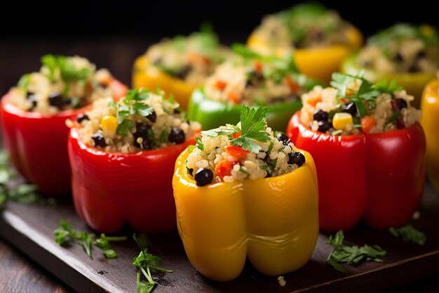 Exibição elegante de pimentas recheadas com feijão preto de quinoa e milho