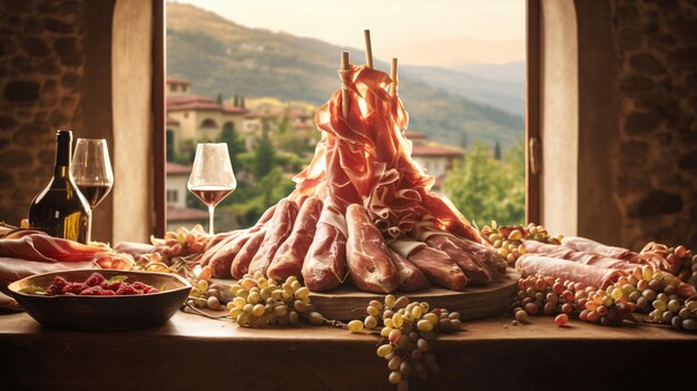 Exibição elegante de presunto com vinhedo toscano