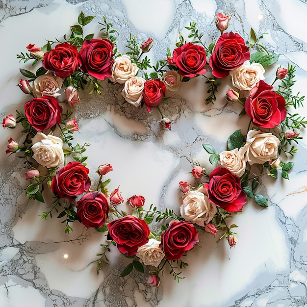 Exibição elegante de rosas em forma de coração em fundo de mármore com espaço para mídia social