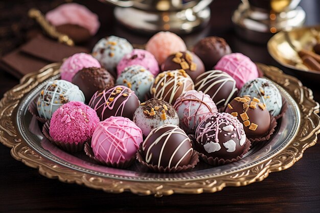 Exibição elegante de várias trufas de chocolate em um prato decorativo