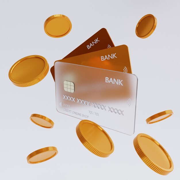 Exibição em branco do smartphone com moedas de ouro de cartão de crédito em finanças de fundo branco isolado