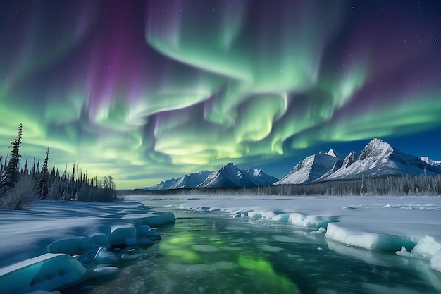 Exibição espetacular de intensas luzes do norte ou auroras boreais ou luzes polares formando redemoinhos verdes e lua atrás de névoas de gelo sobre a paisagem de taiga de inverno coberto de neve do Território de Yukon, Canadá