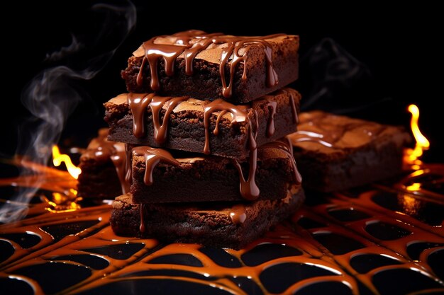 Exibição festiva de brownies com tema de Halloween com desenhos de teia de aranha