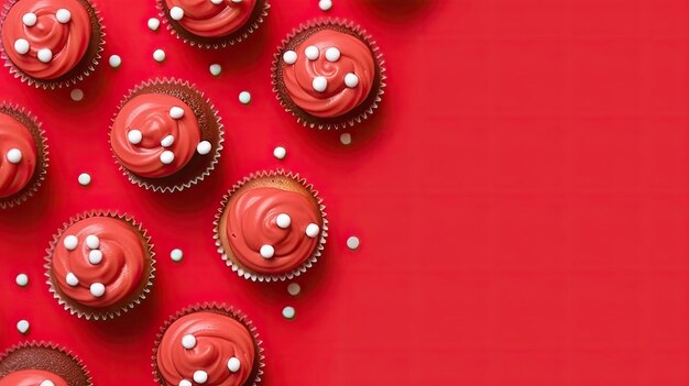 Exibição festiva de cupcakes de vista superior em um fundo vermelho vibrante, espalhando alegria e celebração