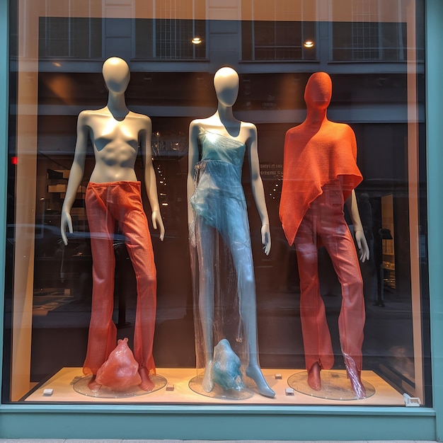 Foto exibição frontal de roupas à moda em uma vitrine de uma boutique