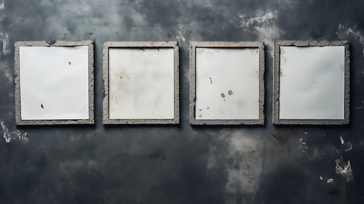 Foto exibição minimalista de quadros retangulares pretos alinhados em um padrão de grade em uma parede branca enfatizando a simplicidade e o design geométrico moderno para espaços interiores contemporâneos
