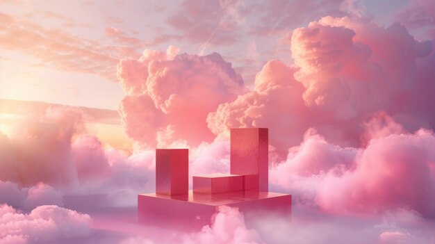 Exibição romântica em 3D com fumaça celestial e luz rosa luxuosa