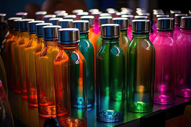 Exibição vibrante de garrafas de vidro em um Tabl Generative AI