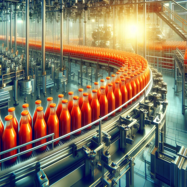 exibição vívida da automação da indústria alimentar com um fluxo de garrafas de suco de tomate no transportador da fábrica