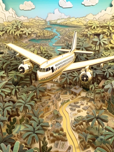 Existe um modelo de um avião voando sobre uma área tropical generativa ai