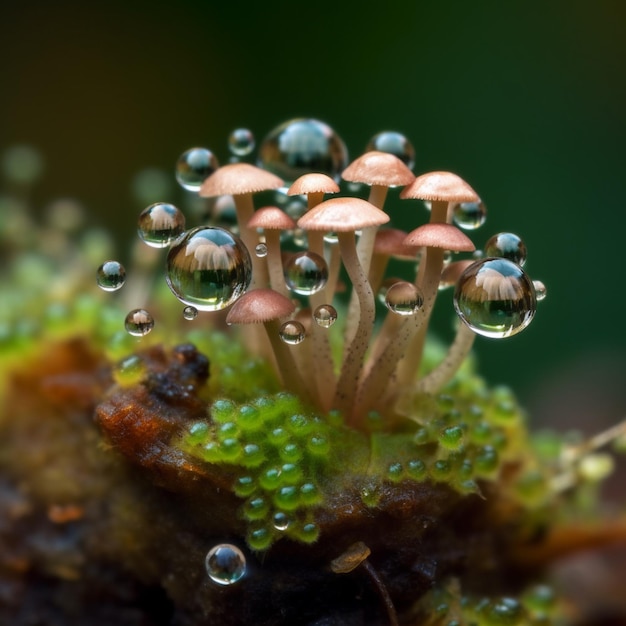 Existem muitos cogumelos pequenos que crescem em um gerador de musgo ai