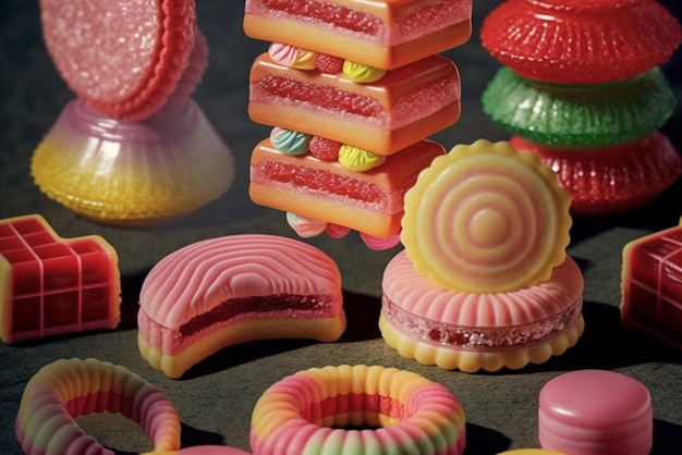 Existem muitos doces coloridos diferentes e em exibição ai generativa