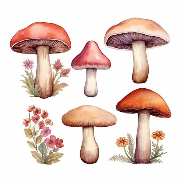 Existem quatro tipos diferentes de cogumelos na ai generativa de fundo branco