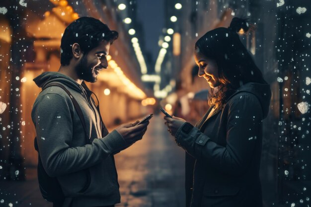 Foto el éxito de las citas en línea hombre y mujer con teléfonos sonriendo iluminando sus rostros en las luces de la ciudad