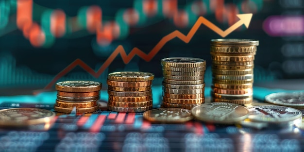El éxito financiero pilas de monedas de oro en la parte superior de la tabla ascendente con línea de tendencia ascendente