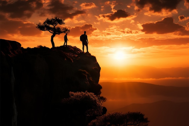 El éxito del trabajo en equipo Los hombres siluetados están juntos en la cima de una colina