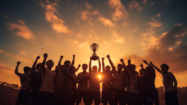Éxito del trabajo en equipo logro conjunto de la meta en los negocios y la vida El equipo ganador está sosteniendo el trofeo en las manos Siluetas de muchas manos en la puesta de sol