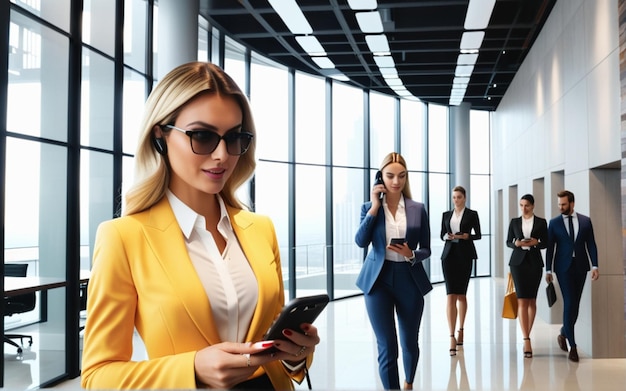 Foto exitosa jovem empresária caucasiana líder ceo de pé na sala de conferências e usando no telefone