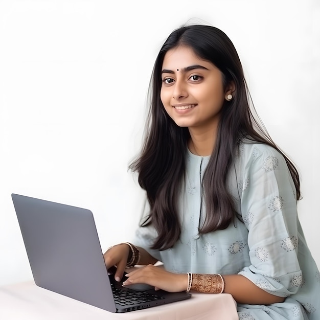 Exitosa joven estudiante india independiente usando una computadora portátil viendo seminarios web trabajando de forma remota elearning ecommerce en línea aislado en fondo blanco Ai generativo